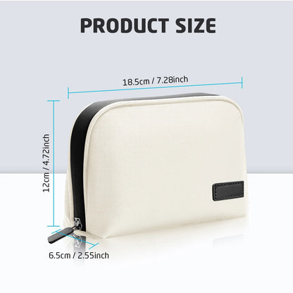 Beige organizer pouch size diagram showing approximate exterior dimensions 18.5 by 12 by 6.5 cm.