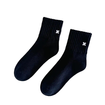 Embroidered Cross Crew Socks – Ribbed Cuffs, 4 Colors