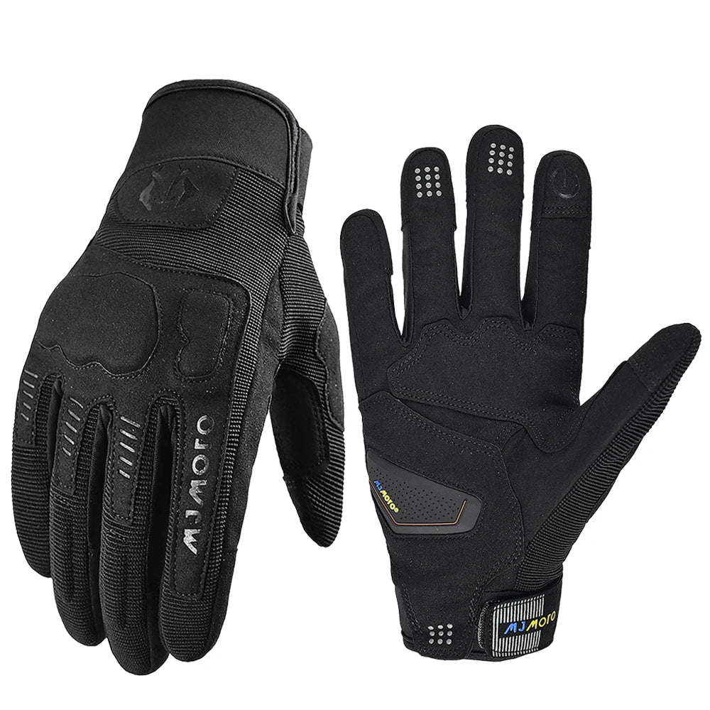 Pair of black gloves with text on a white background