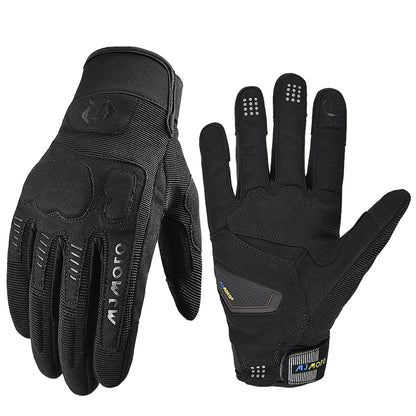 Pair of black gloves with text on a white background