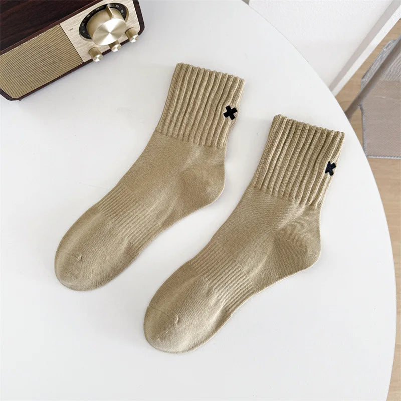 Embroidered Cross Crew Socks – Ribbed Cuffs, 4 Colors