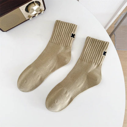 Embroidered Cross Crew Socks – Ribbed Cuffs, 4 Colors