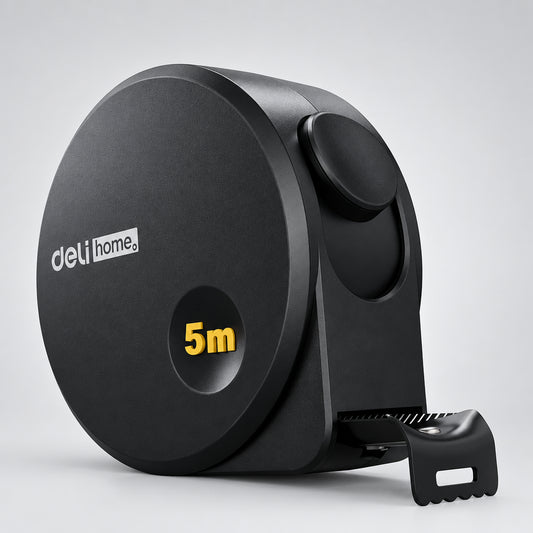 Black 5 m tape measure with round case and metal end hook.