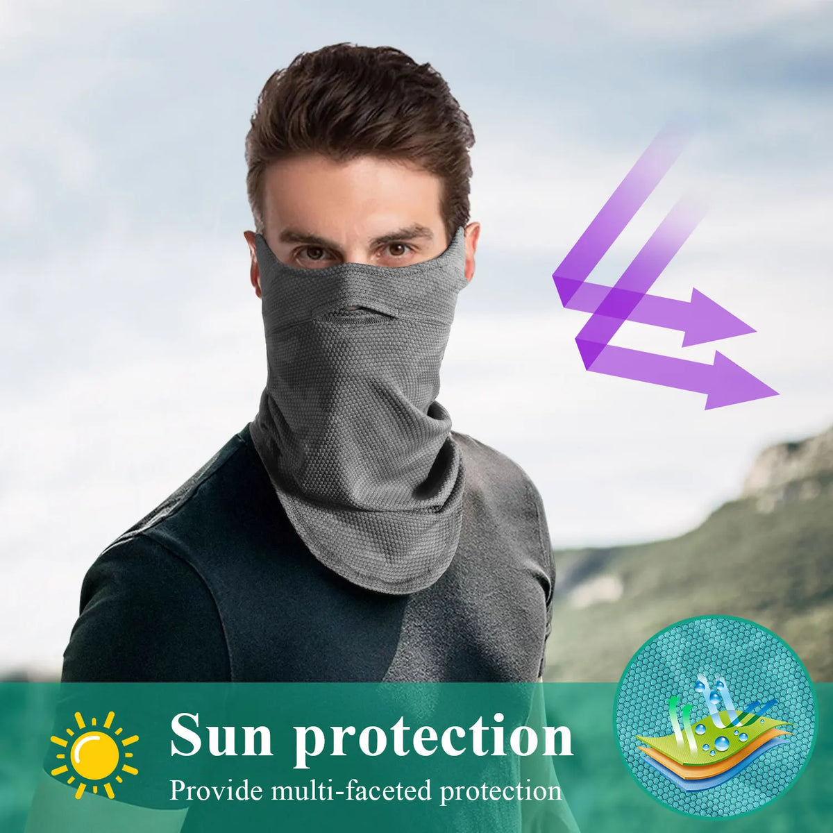 Person wearing a sun protection neck gaiter with a mountainous background
