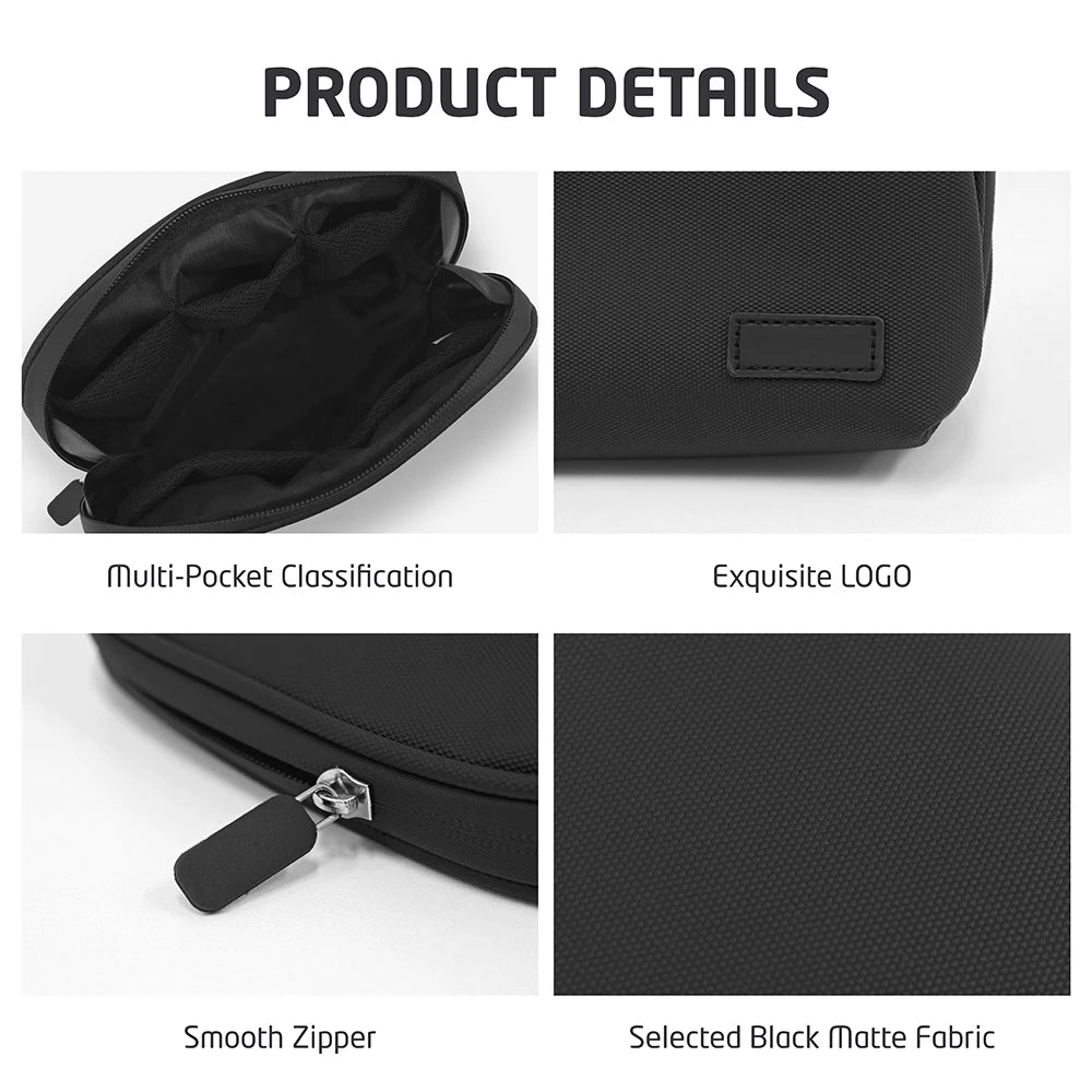 Close-ups of the black organizer's interior pockets, label patch, zipper and exterior fabric.