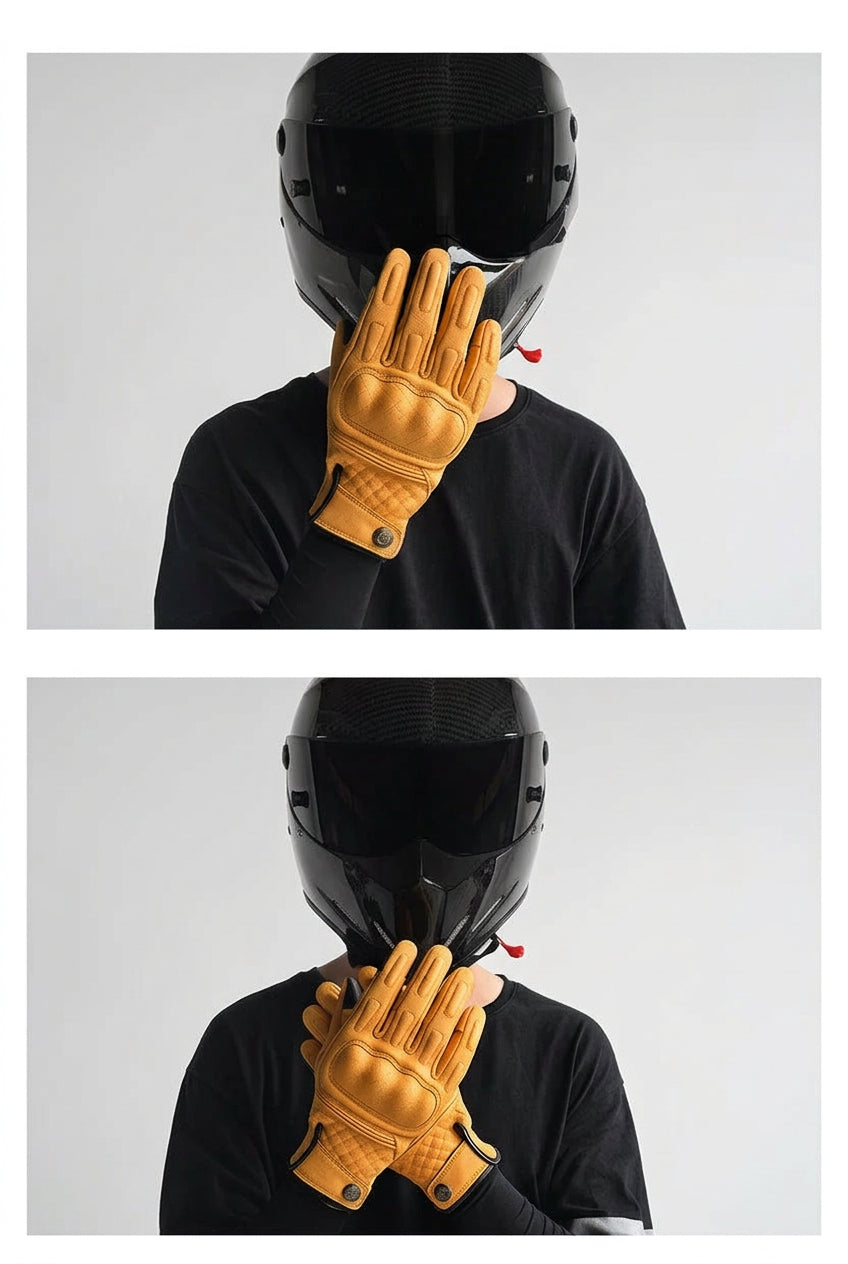 Two views of a person wearing yellow gloves and a black motorcycle helmet.