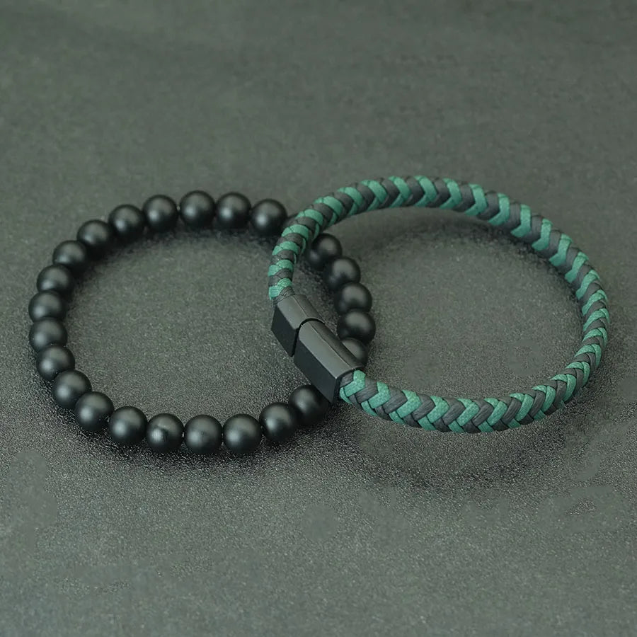 Noter 2Pcs Bracelets Exclusifs Pour Hommes 8mm Onyx Stone Strand Braclet Handmade Weaven Leather Braslet Perfect Gift For Him deideas