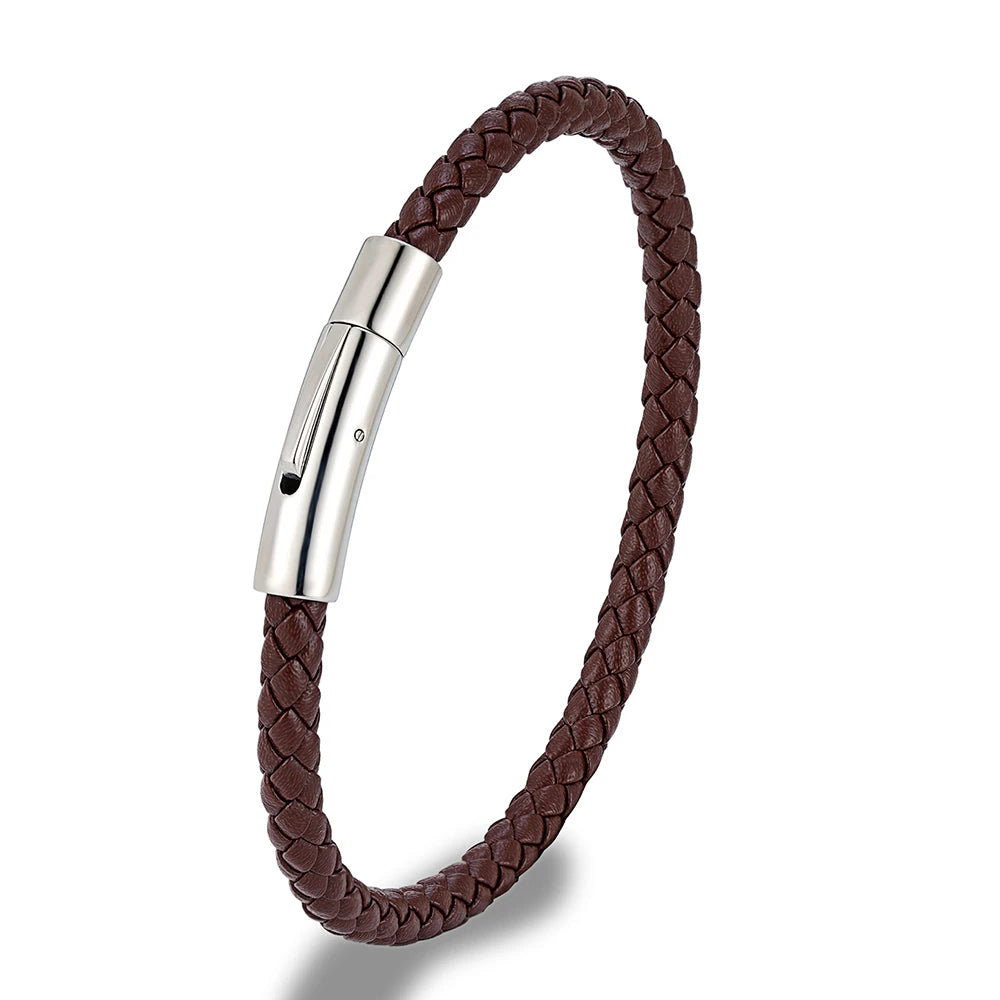 Braided Leather Bracelet – Silver-Tone Barrel Clasp, 5 Colors