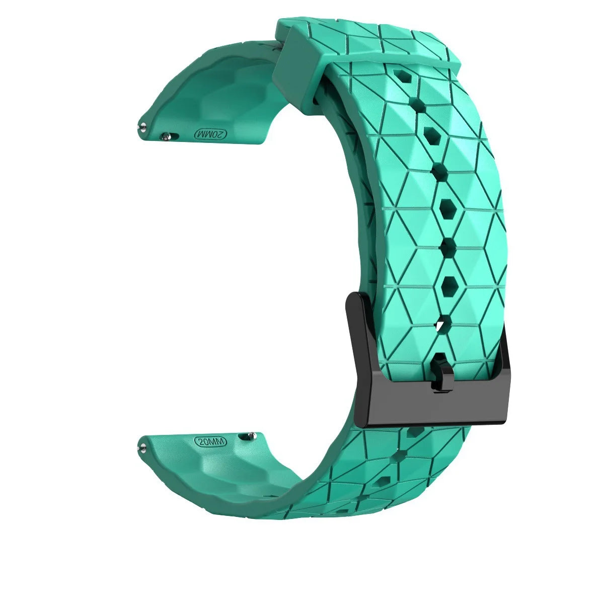 Mint silicone band shown open with geometric texture, buckle and adjustment holes.