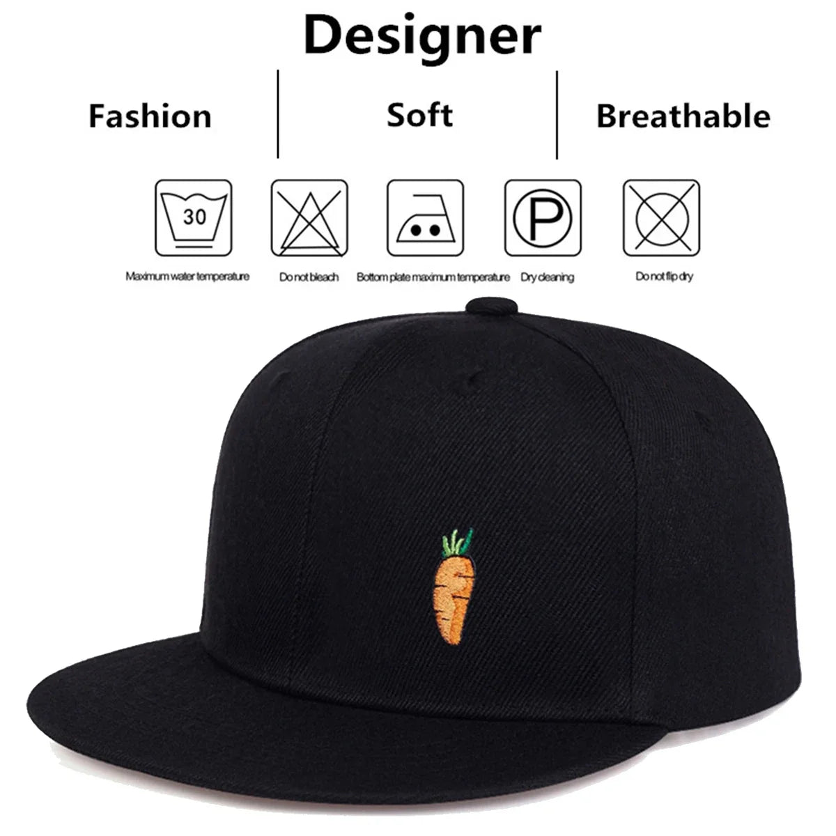 Carrot Embroidered Cap – Black, Flat Brim