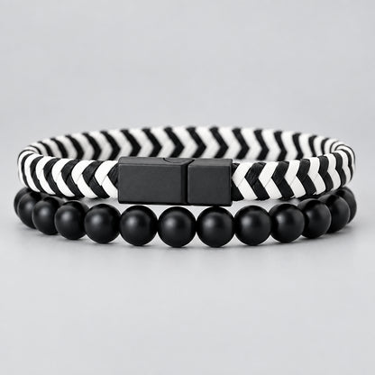 Noter 2Pcs Bracelets Exclusifs Pour Hommes 8mm Onyx Stone Strand Braclet Handmade Weaven Leather Braslet Perfect Gift For Him deideas