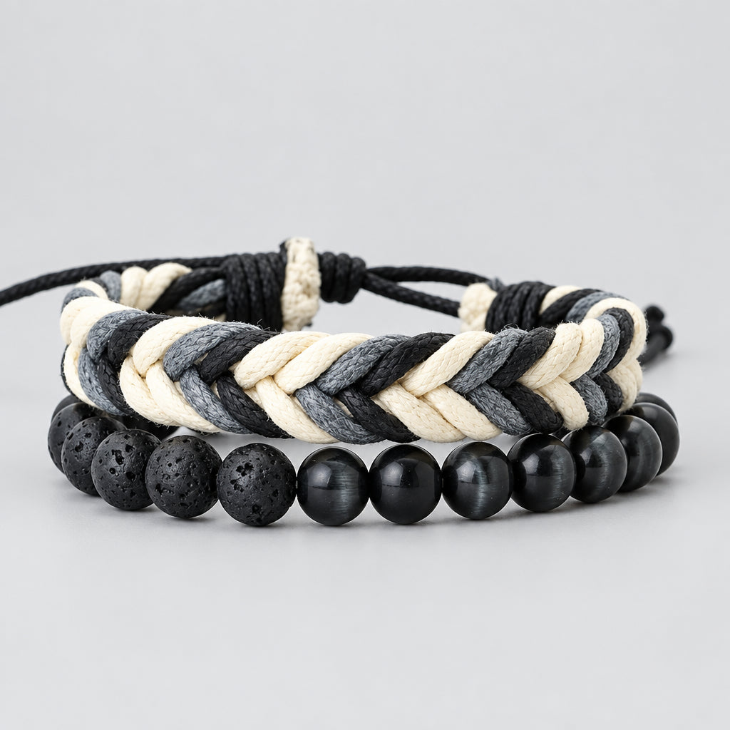 Noter New 2Pcs/Set Men Bracelet Handmade Weaven Adjustable Cord Chain Braslet 8mm Natural Lava Tiger Eyes Stone Braclet Homme deideas