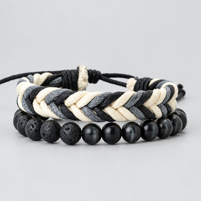 Noter New 2Pcs/Set Men Bracelet Handmade Weaven Adjustable Cord Chain Braslet 8mm Natural Lava Tiger Eyes Stone Braclet Homme deideas