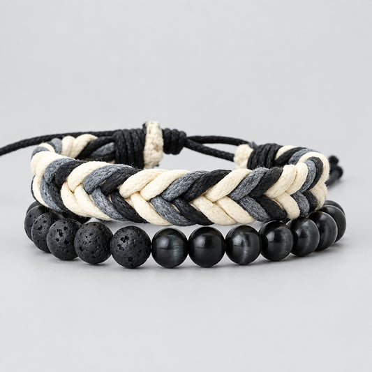 Noter New 2Pcs/Set Men Bracelet Handmade Weaven Adjustable Cord Chain Braslet 8mm Natural Lava Tiger Eyes Stone Braclet Homme deideas