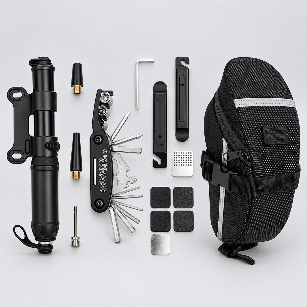 Collection of bike maintenance tools including a pump, tool kit, and seat on a white background