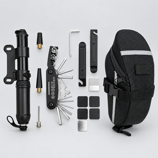 Collection of bike maintenance tools including a pump, tool kit, and seat on a white background