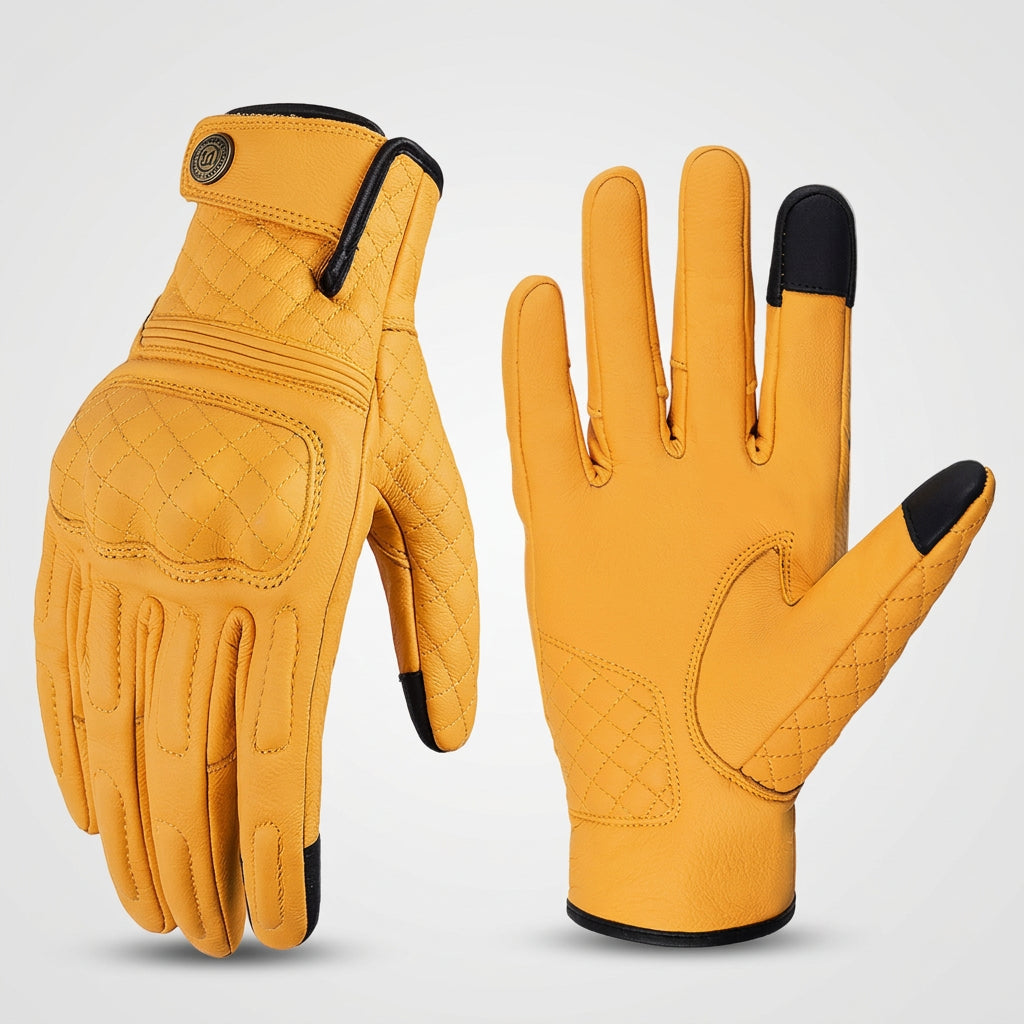 Yellow motorcycle gloves with black accents on a white background, featuring the MJMOTO brand.