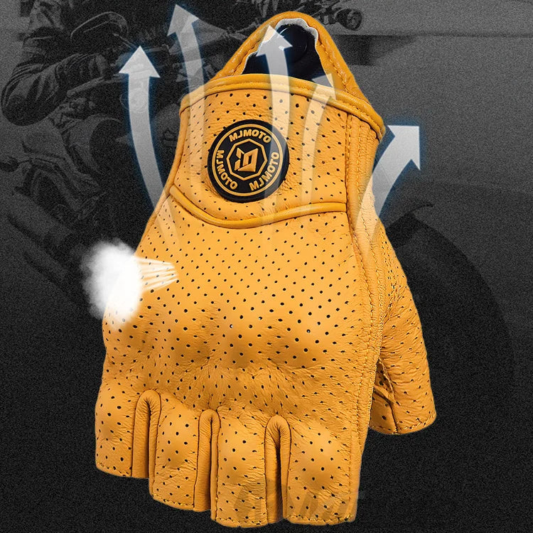 Yellow glove with breathable design feature and 'mgmoto' branding on a dark background