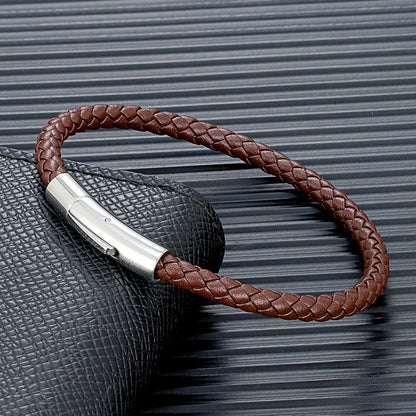 Braided Leather Bracelet – Silver-Tone Barrel Clasp, 5 Colors