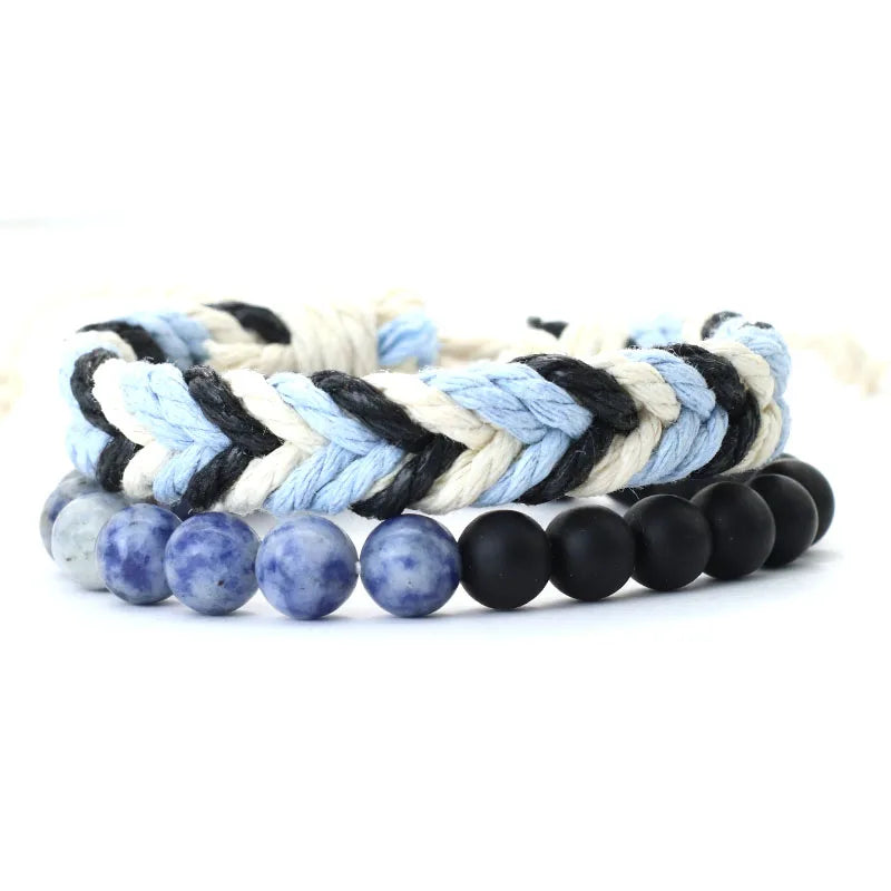 Noter New 2Pcs/Set Men Bracelet Handmade Weaven Adjustable Cord Chain Braslet 8mm Natural Lava Tiger Eyes Stone Braclet Homme deideas