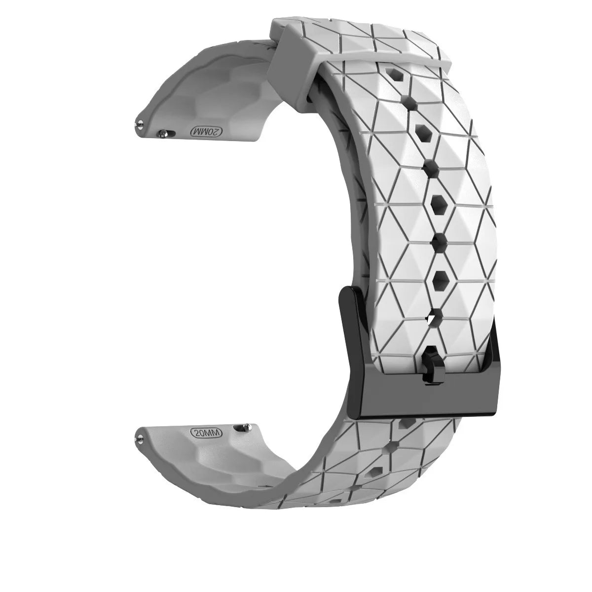 White silicone band shown open with geometric texture, buckle and adjustment holes.