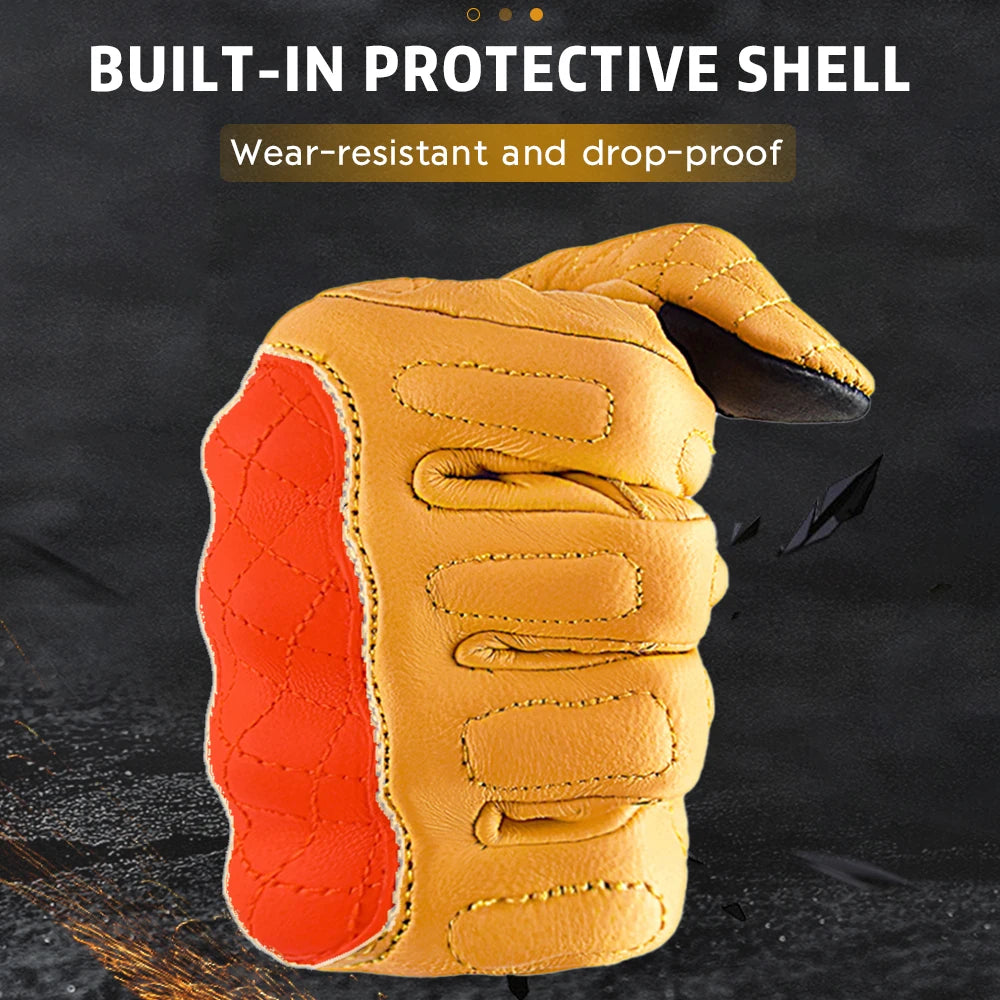 Yellow glove with red padding on a dark background, highlighting protective features.