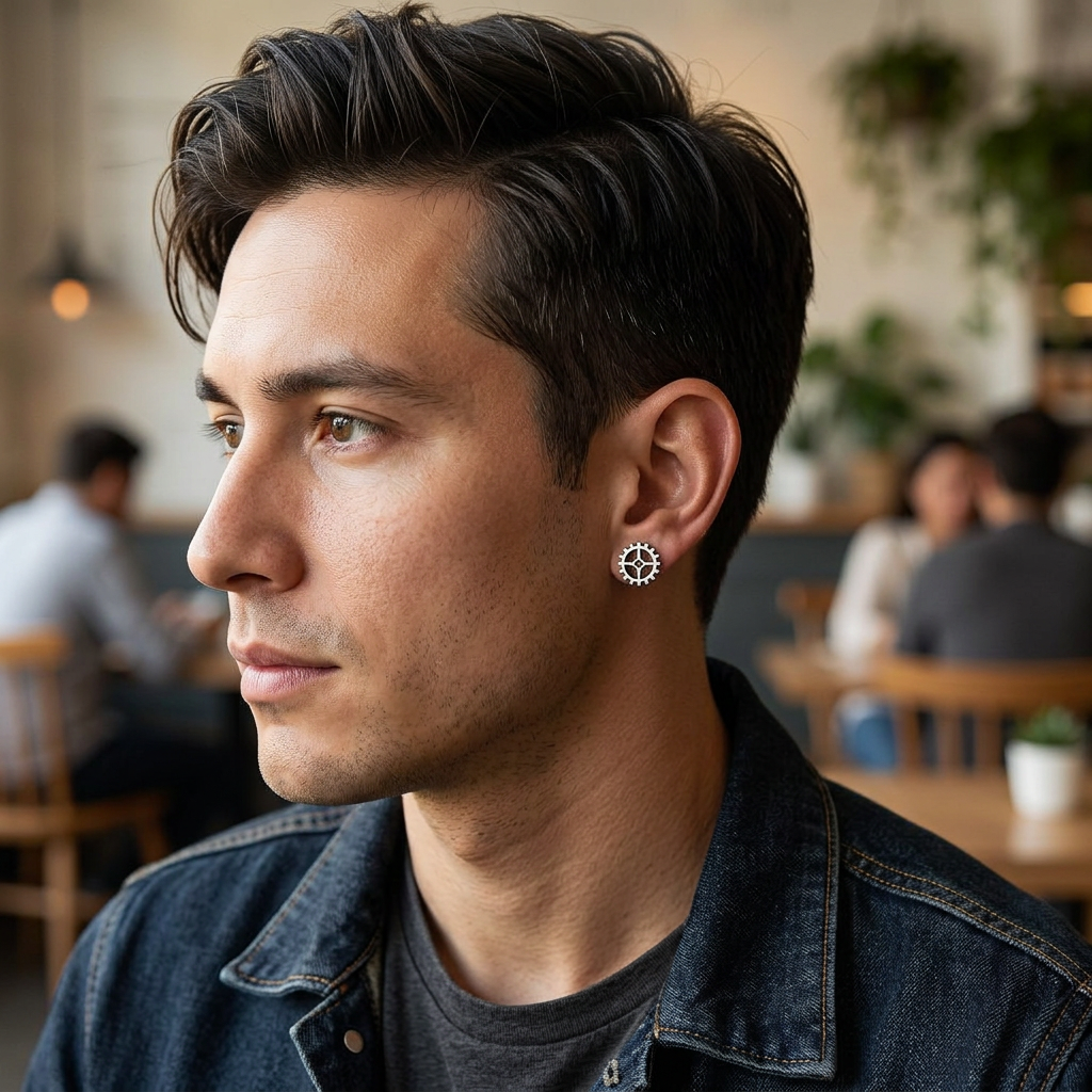 Aretes de engranaje con look casual de denim