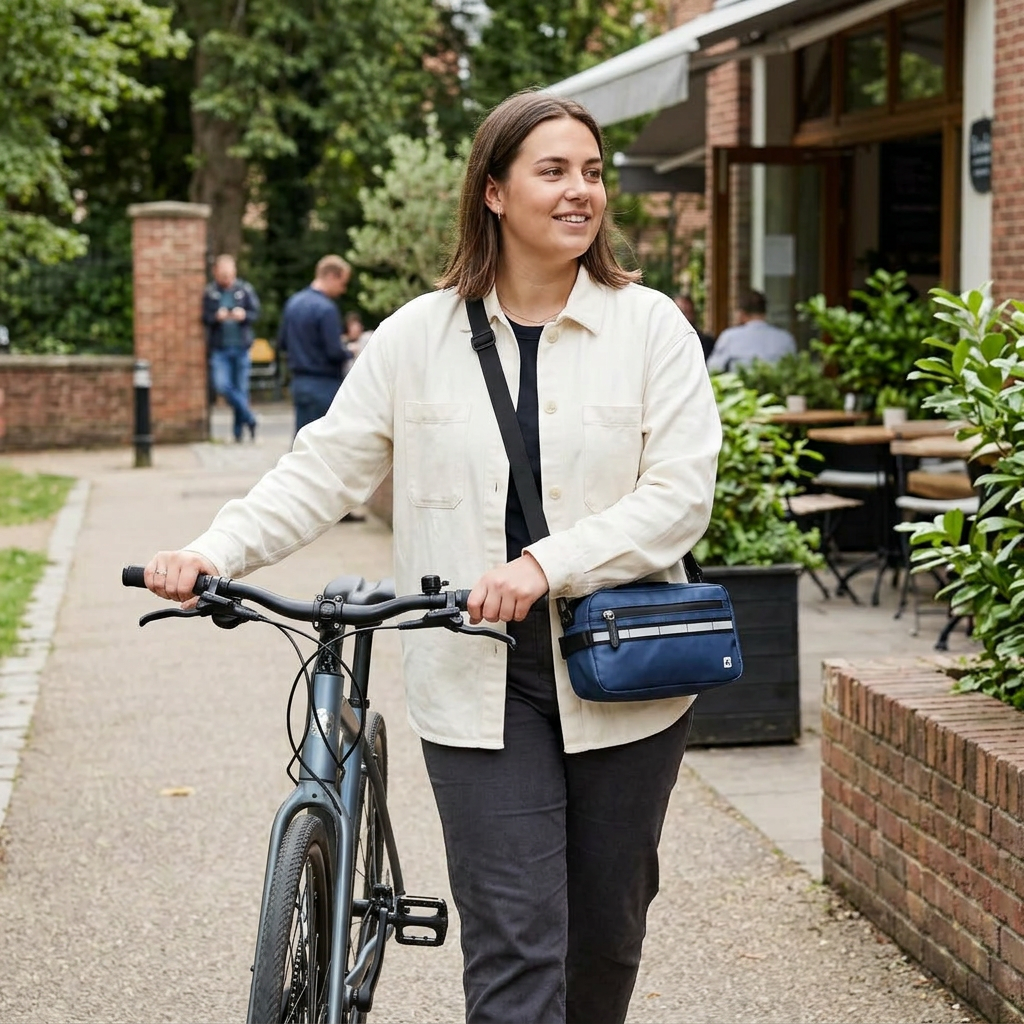 Bolsa azul usada como bolso cruzado junto a una bicicleta