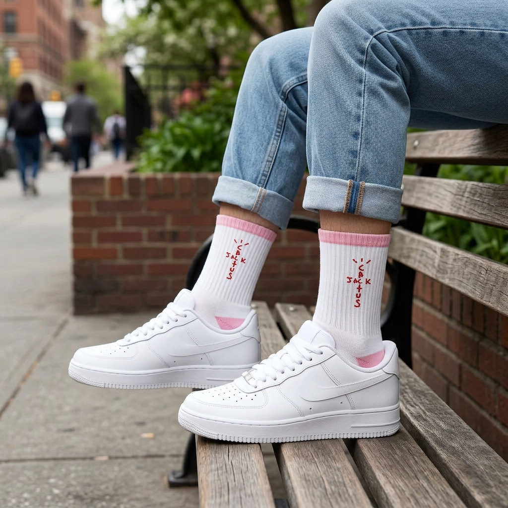 Calcetines blancos y rosas combinados con denim