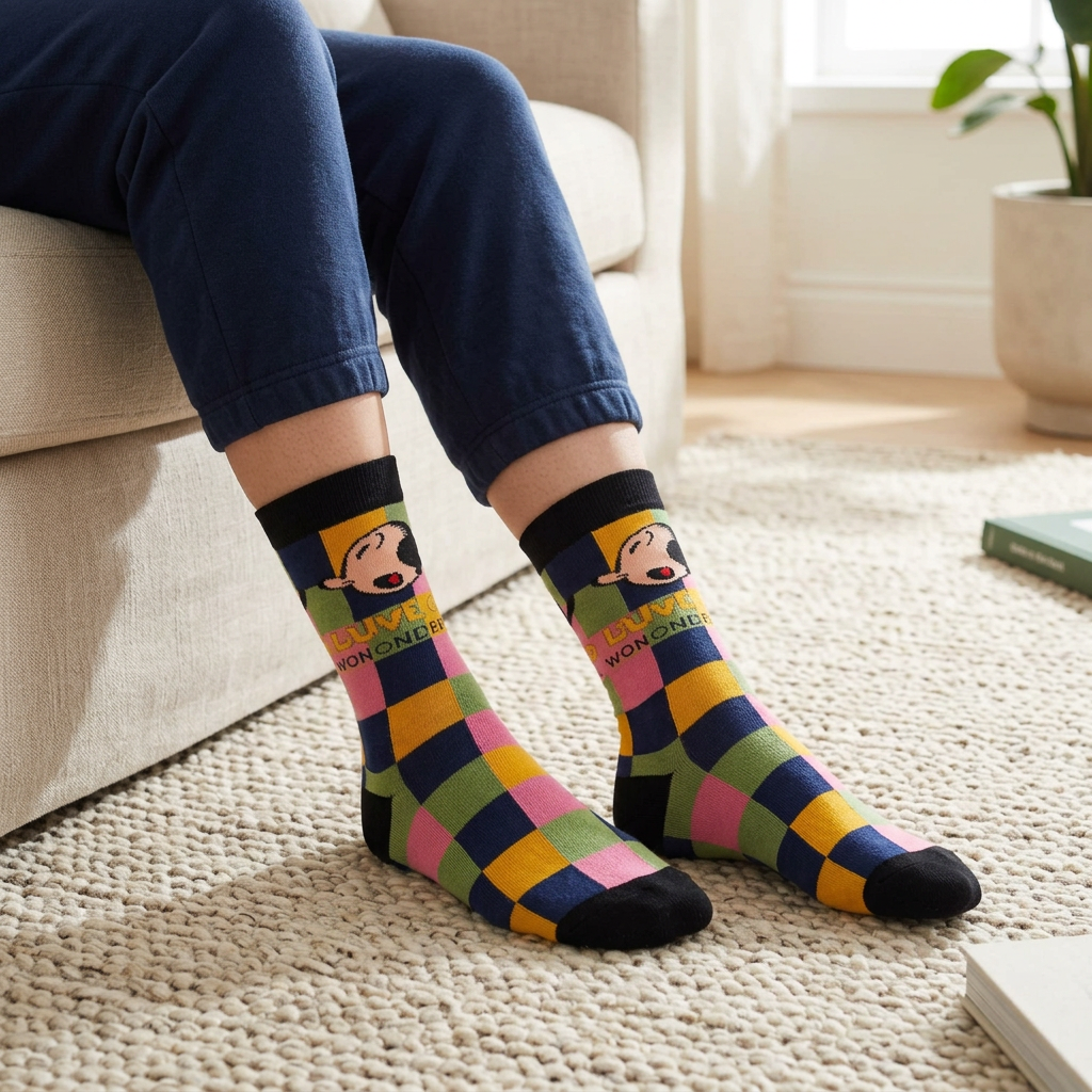 Calcetines de cuadros multicolor en casa