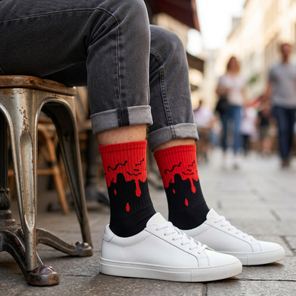 Calcetines Drip rojos en un look cotidiano