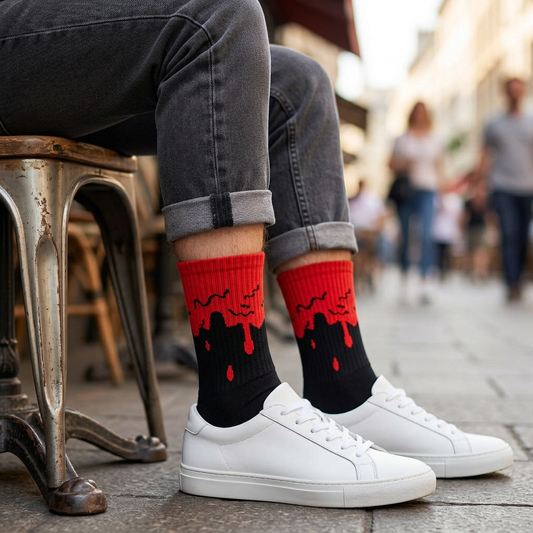 Calcetines Drip rojos en un look cotidiano