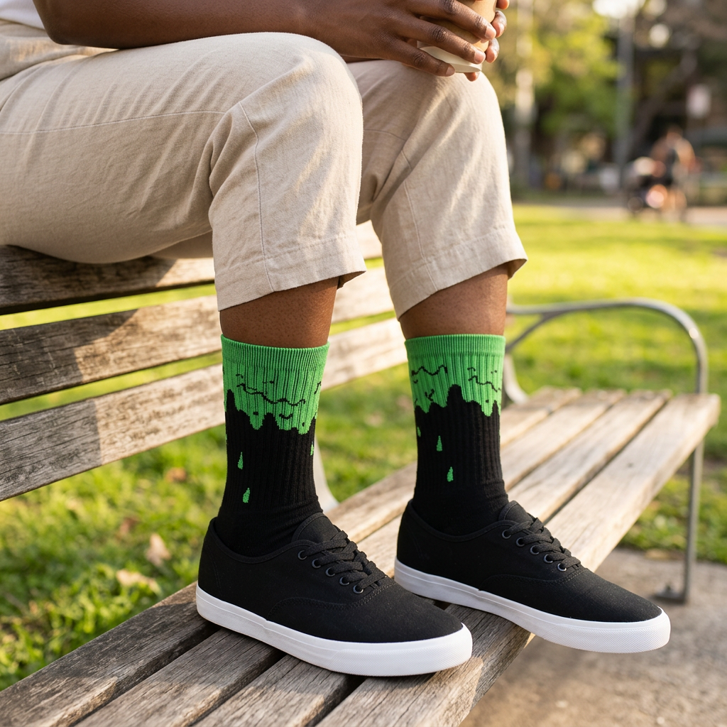 Calcetines Drip verdes en una escena urbana