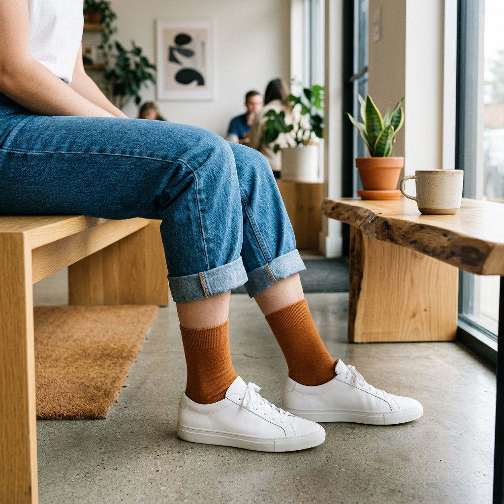 Calcetines naranja con denim y sneakers