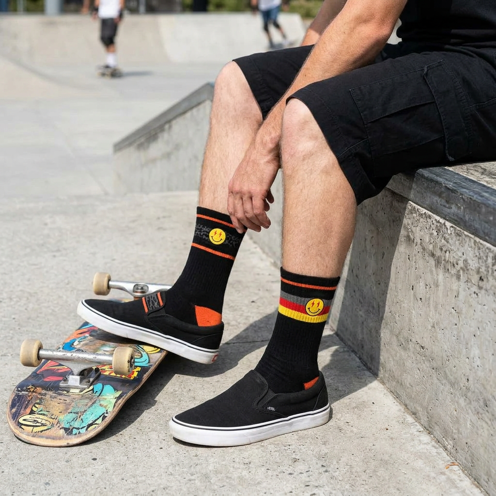 Calcetines negros con caritas amarillas en el skatepark