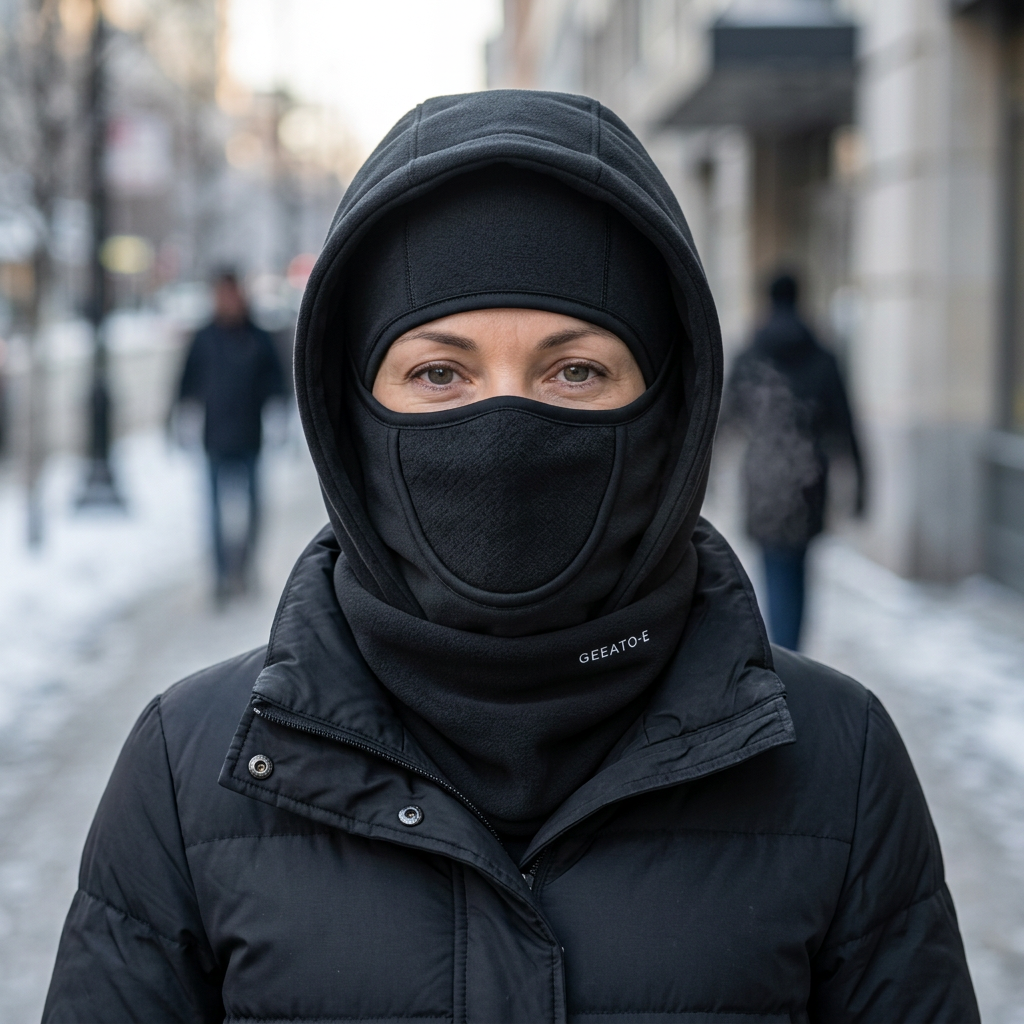 Capucha y cubrerrostro negro en un look urbano de invierno