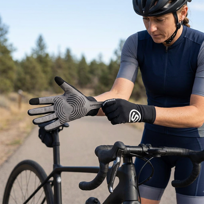 Ciclista ajustándose el guante antes de salir
