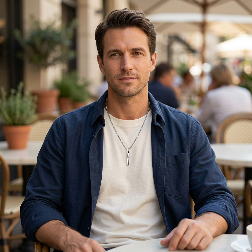 Colgante plateado en espiral con un look casual de café