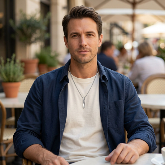 Colgante plateado en espiral con un look casual de café