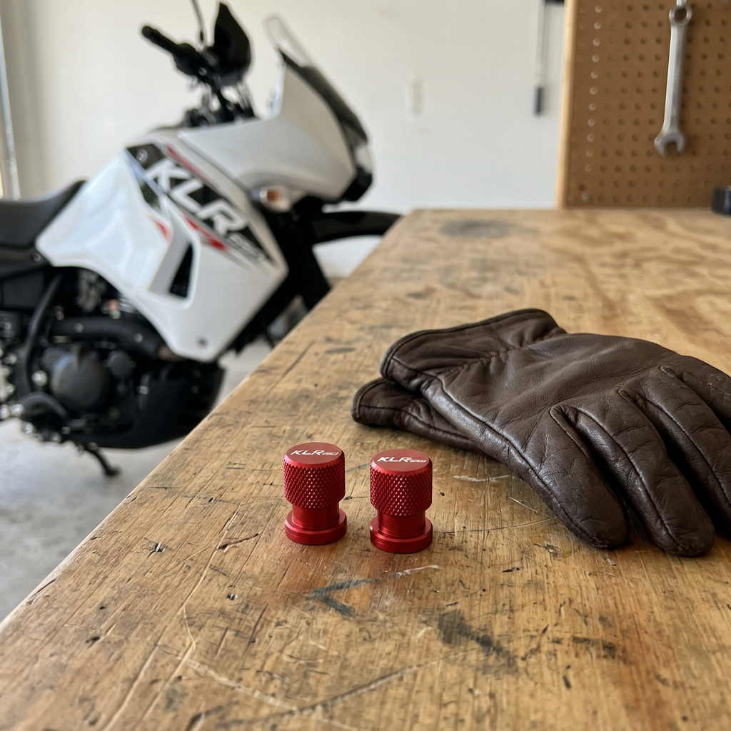 Dos tapones rojos junto a guantes de motociclista