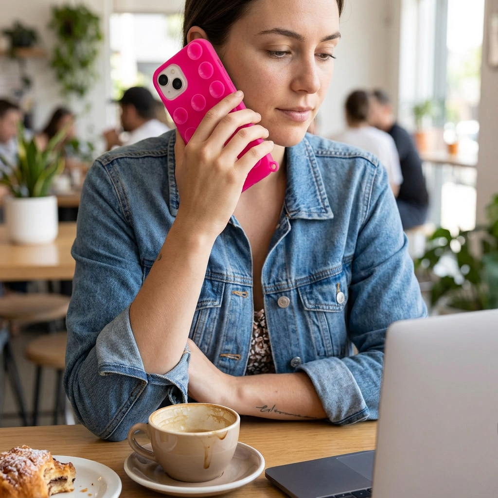 Funda rosa intenso con ventosas en una escena de café