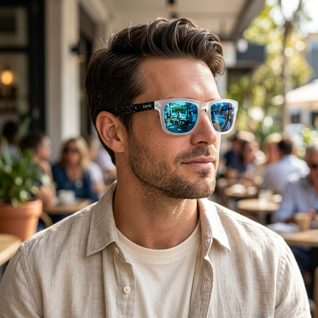 Gafas de marco translúcido y lentes azules en un café