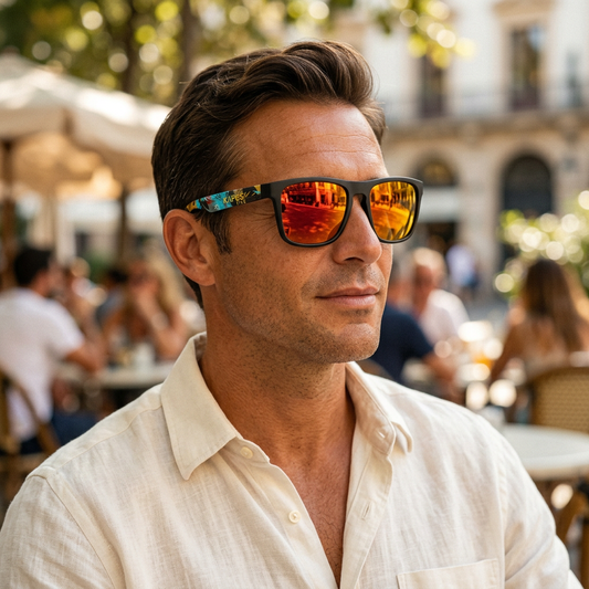 Gafas rectangulares espejadas en un café
