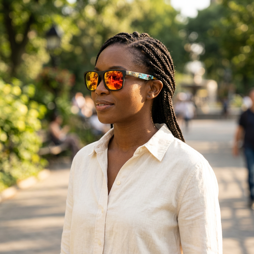 Gafas rectangulares espejadas en un paseo