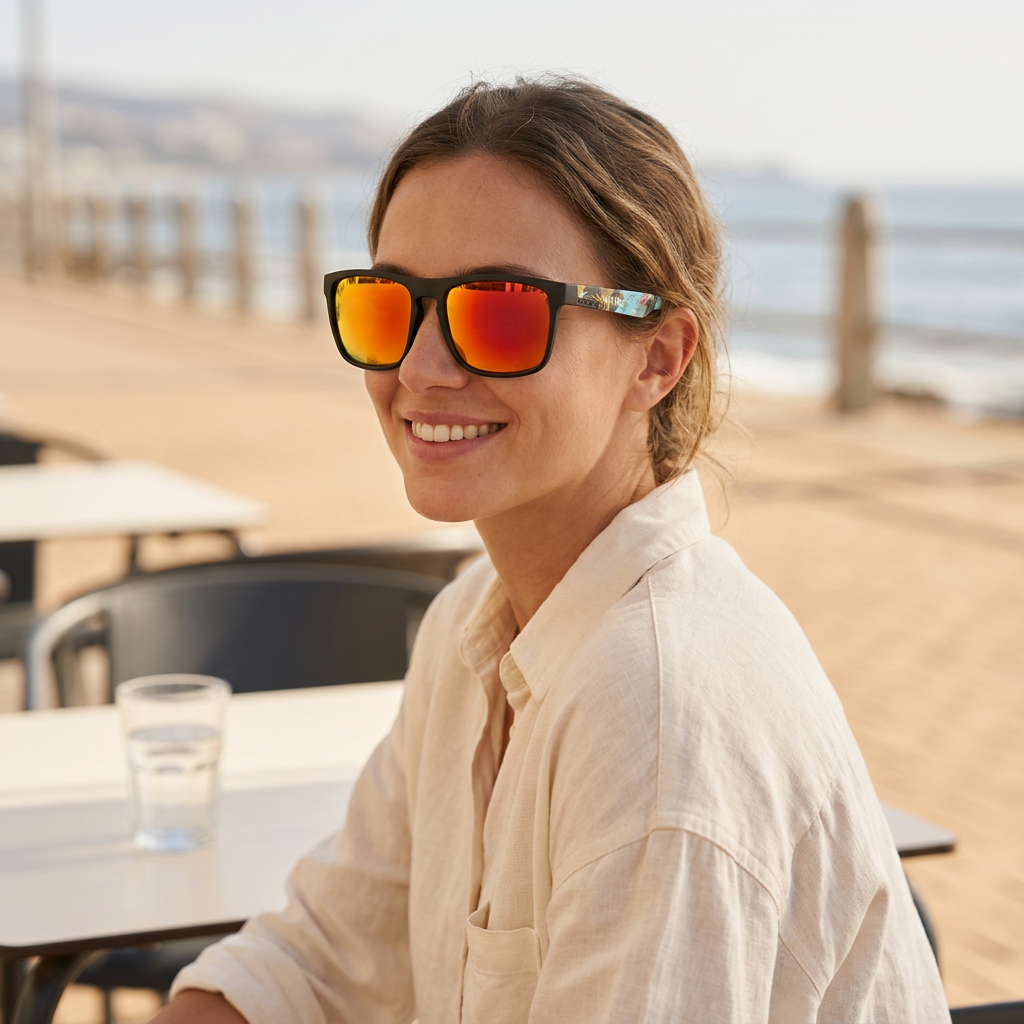 Gafas rectangulares espejadas en una escena costera