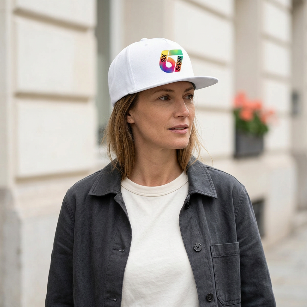 Gorra blanca 67 en un look urbano casual