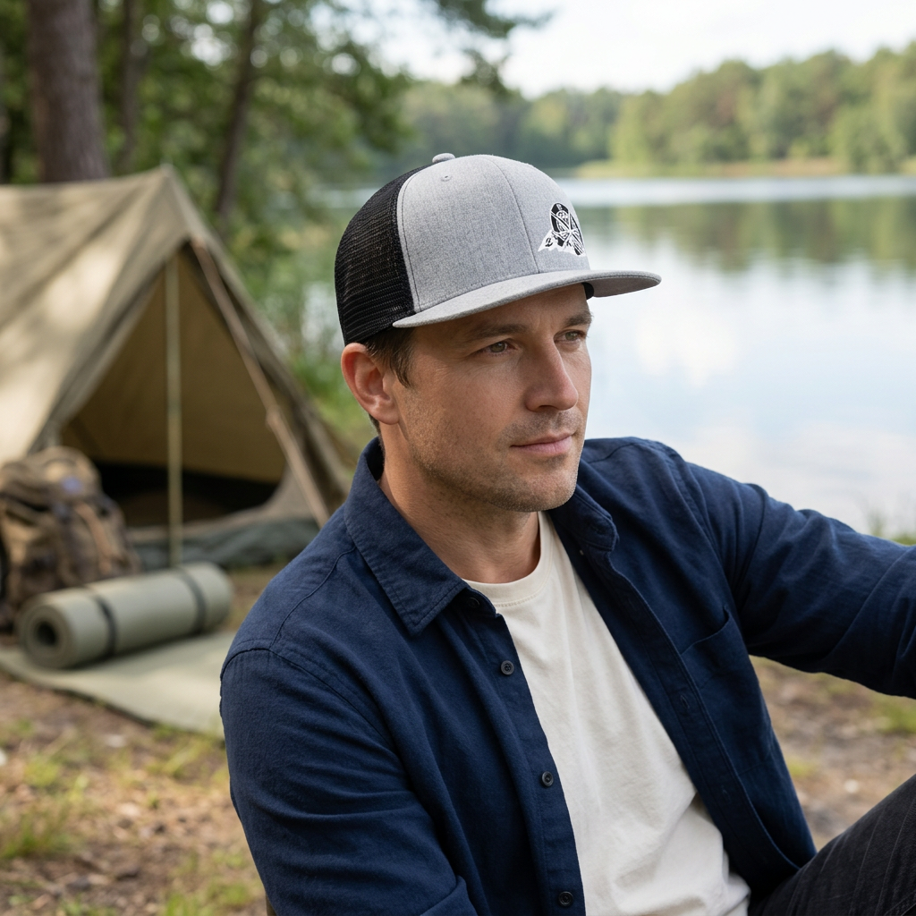 Gorra de brújula y montañas en una escena de camping