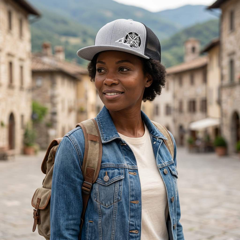 Gorra gris de malla negra en un look de viaje