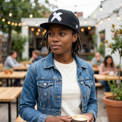 Gorra negra con X bordada combinada con chaqueta denim