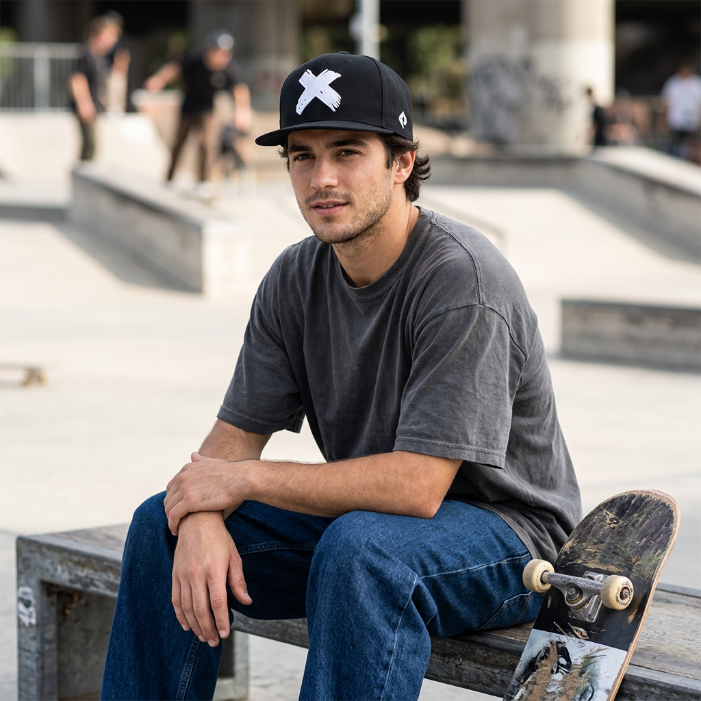 Gorra negra de visera plana en un look inspirado en el skate